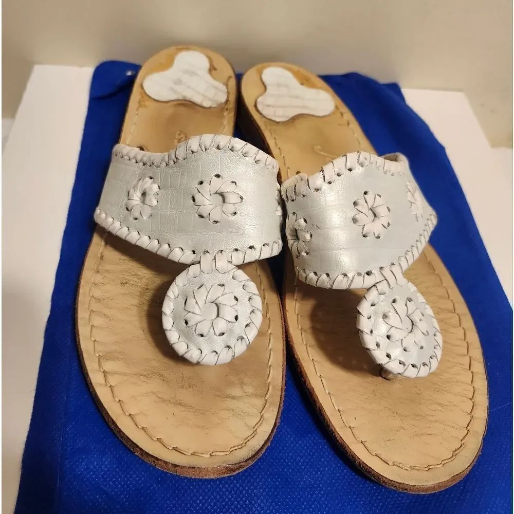 Jack Rogers "Navajo" Pearl White/Wht Trim Leather Thong Sandals Sz.6 Ret. $138
